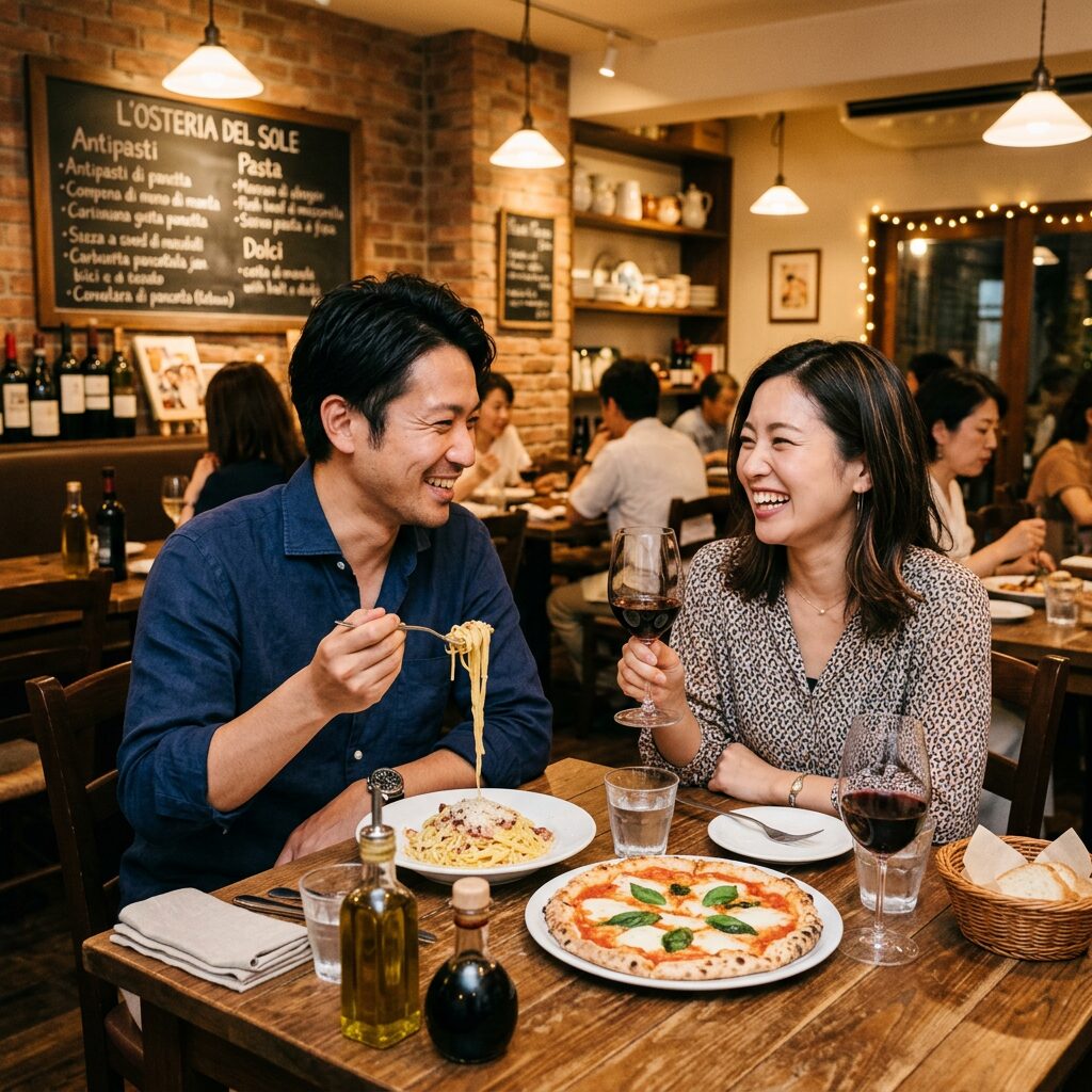 Couple eating pasta and pizza with red wine in Italian restaurant