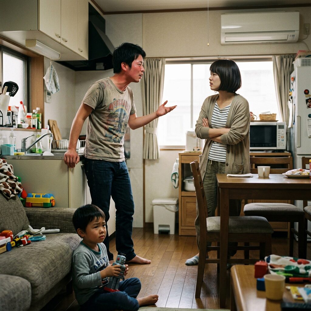 Man and woman arguing in a kitchen with a child sitting on the floor playing